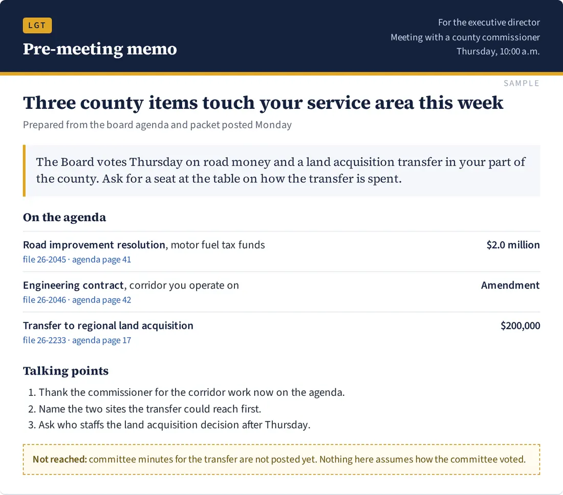 A LocalGovTracker memo with the bottom line, sourced agenda items, and talking points
