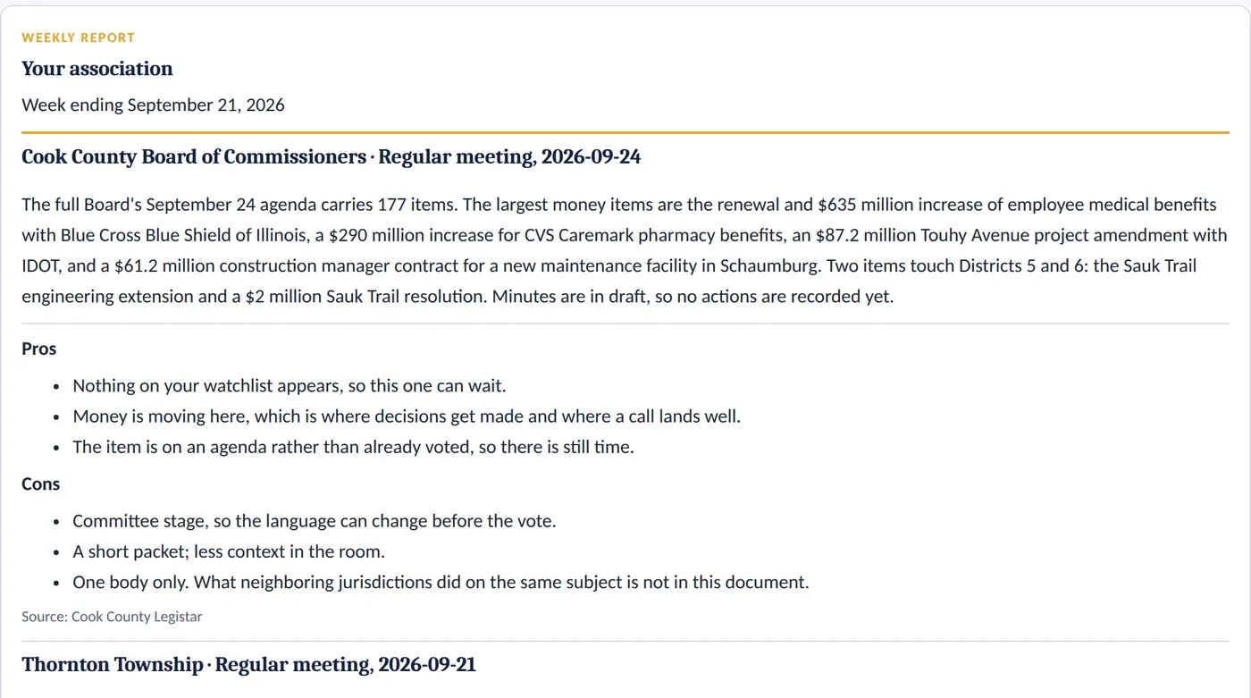 A weekly report assembled from the last two weeks of agendas